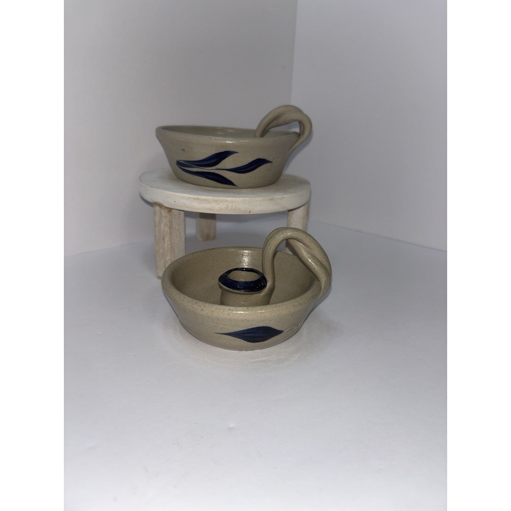 Williamsburg Pottery WPF Salt Glazed Chamber Candle Stick Holder Blue Floral 2